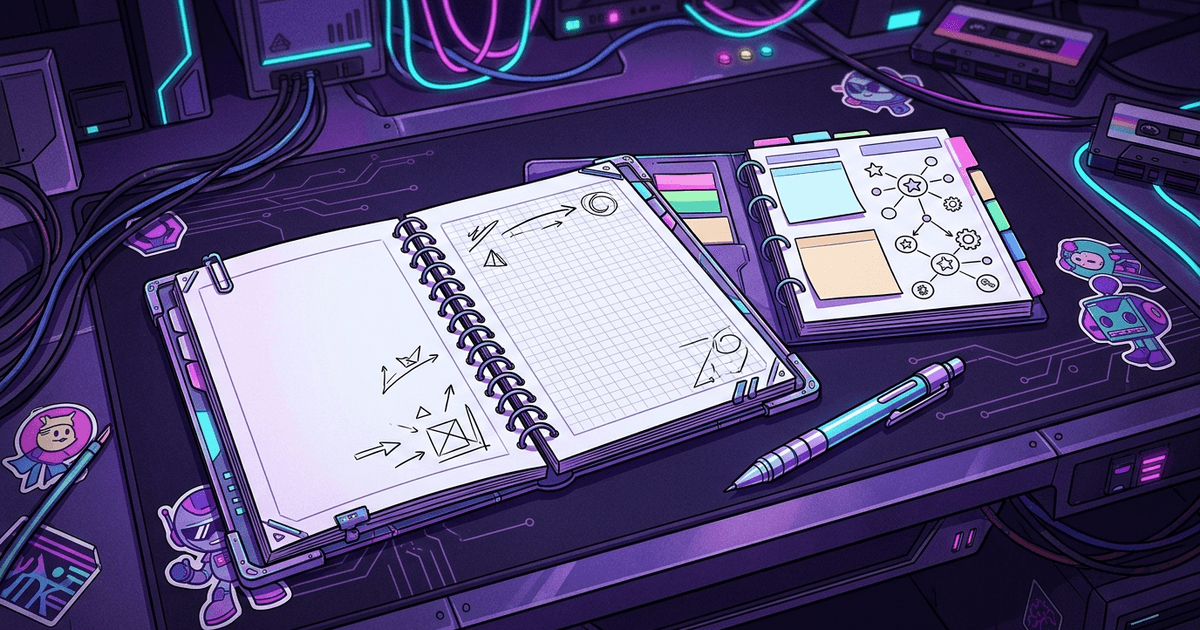 An open notebook, idea organizer, and pencil arranged across a wide desk.