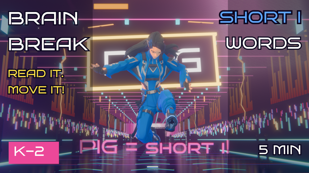 Izzy mid-dance on a neon concert stage with the words Brain Break, Read it, Move it