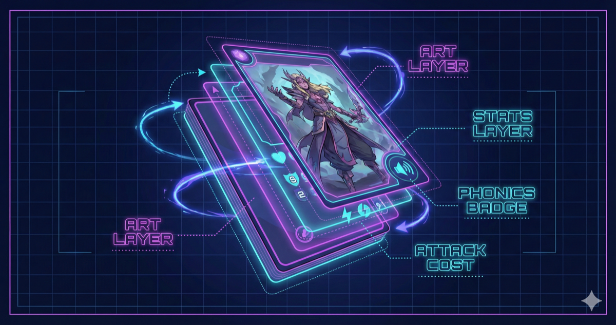 Exploded view of trading card components