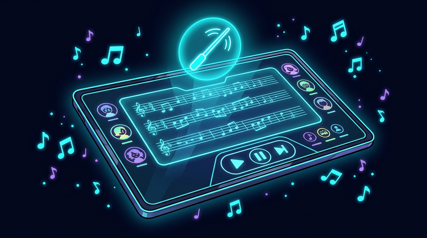 A stylized holographic tablet showing a Classroom Rhythm teacher dashboard, with floating musical-note particles, a sheet-music panel with glowing staff lines, and a conductor-baton icon pulsing at the top — the control surface the next section describes.