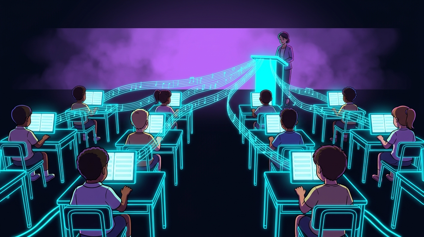 Classroom Rhythm — a wide view of an elementary music classroom with students' illuminated sheet-music screens linked by glowing neon staff lines converging at the teacher's digital podium