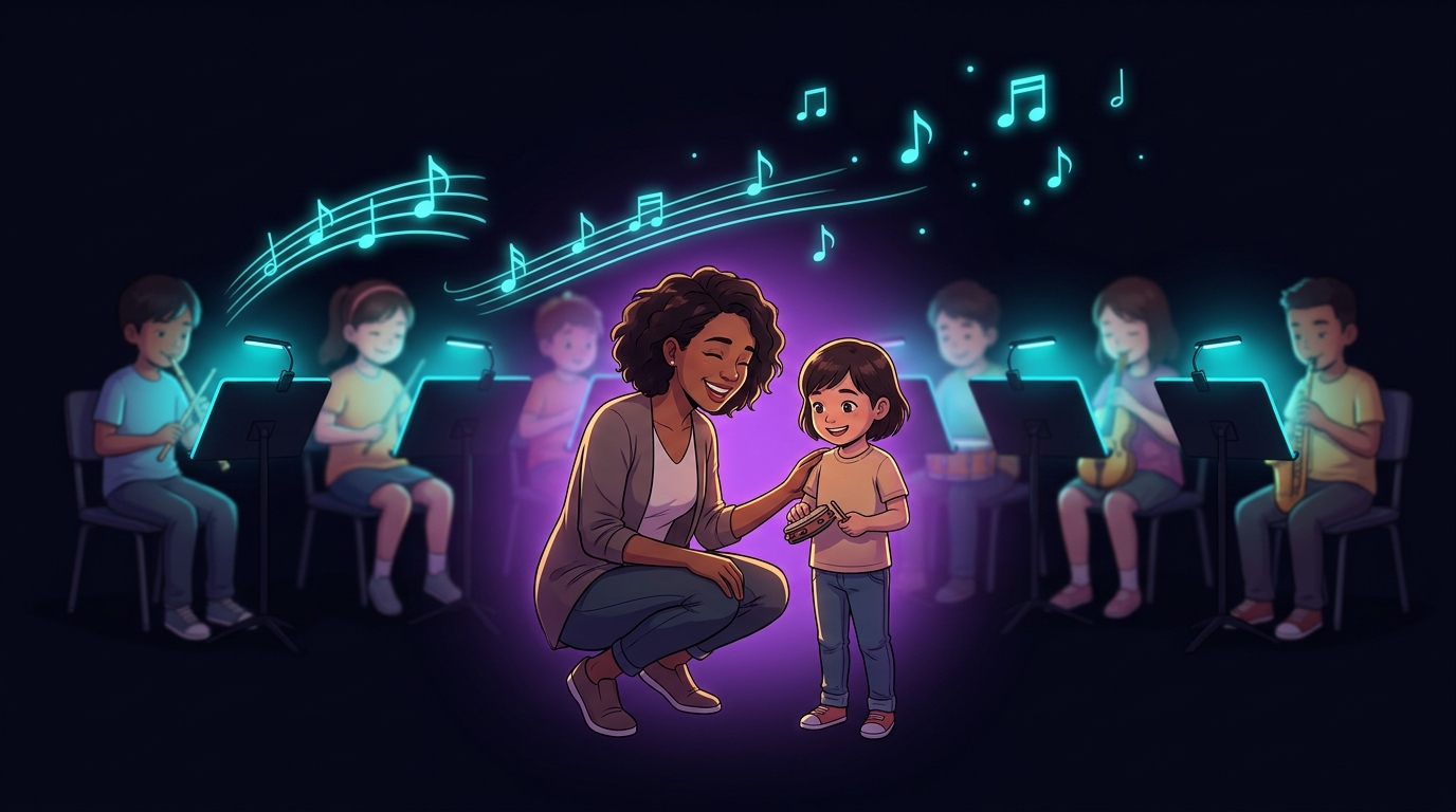 A teacher crouching next to a smiling 7-year-old student holding a small percussion instrument, with classmates playing in sync behind them and glowing cyan music notes drifting up like fireflies — the human moment that synchronization protects.