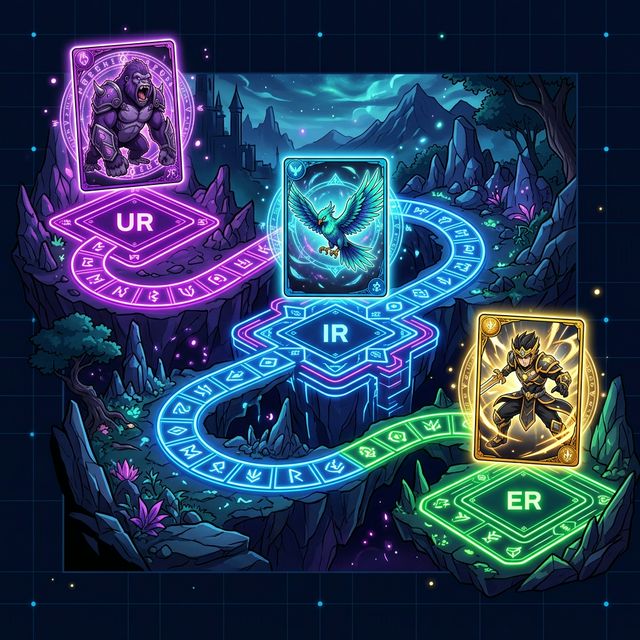 Anime-style winding game board through UR, IR, and ER zones with glowing Spirit Card characters