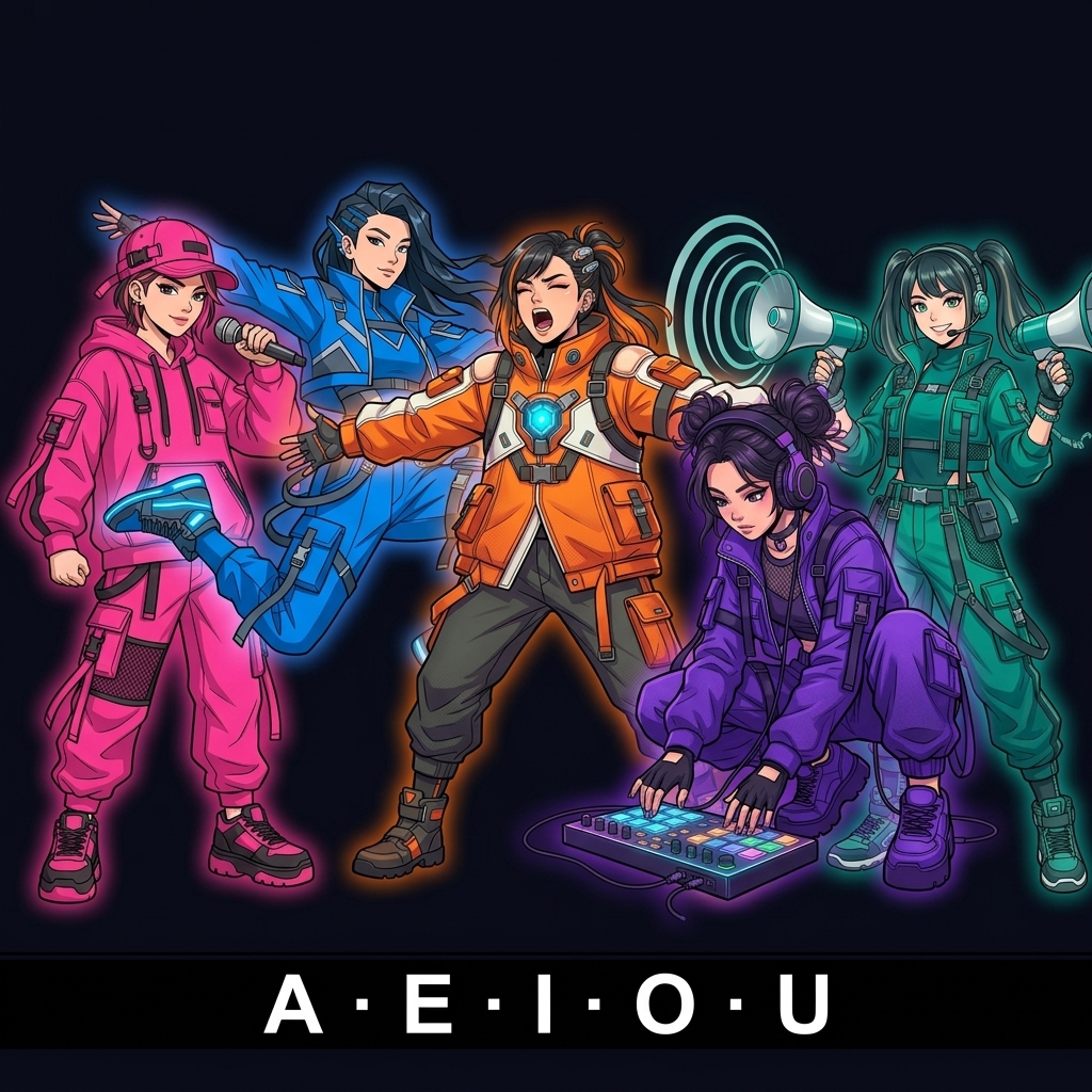 The five Vowel Crew characters lined up in their member colors