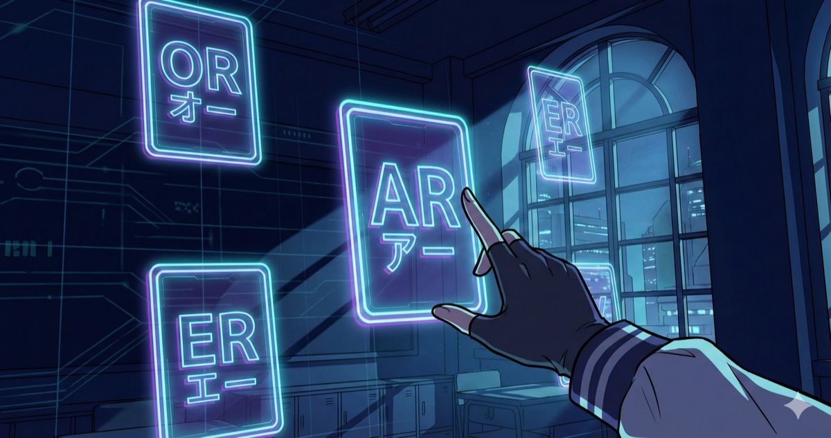 Floating R-controlled vowel cards glowing in neon