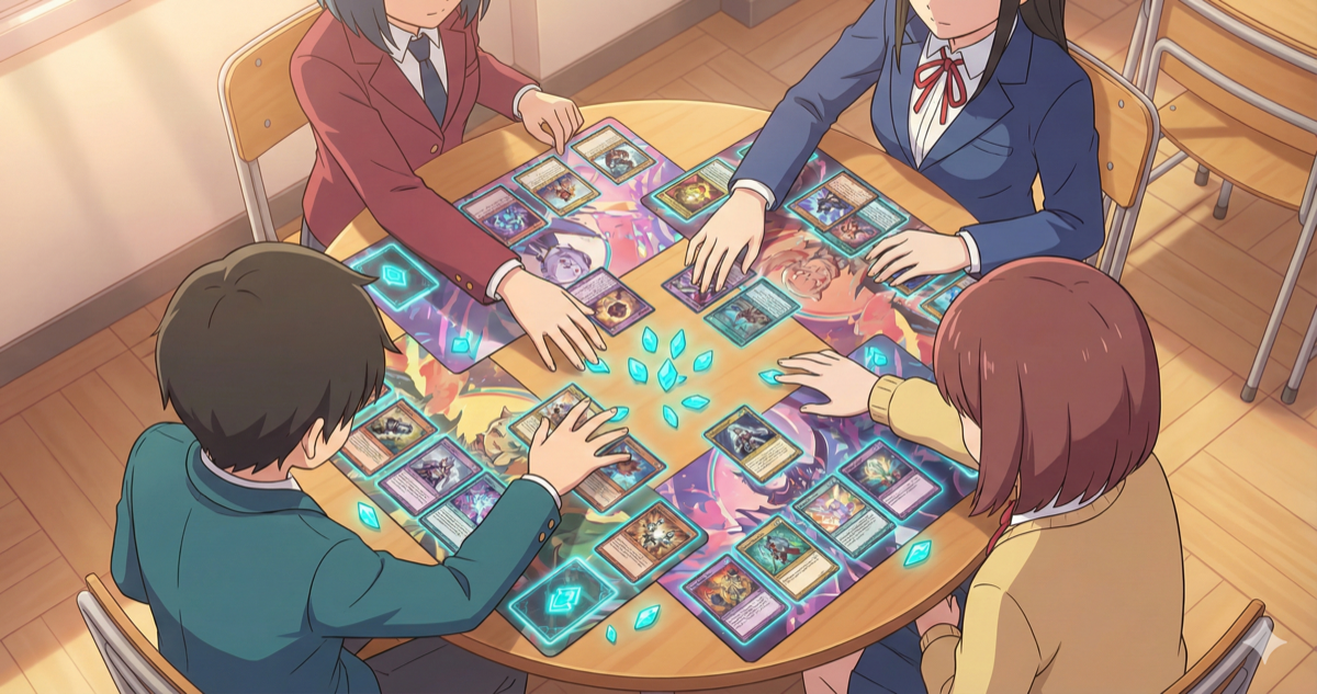 Students playing anime card game at small group table