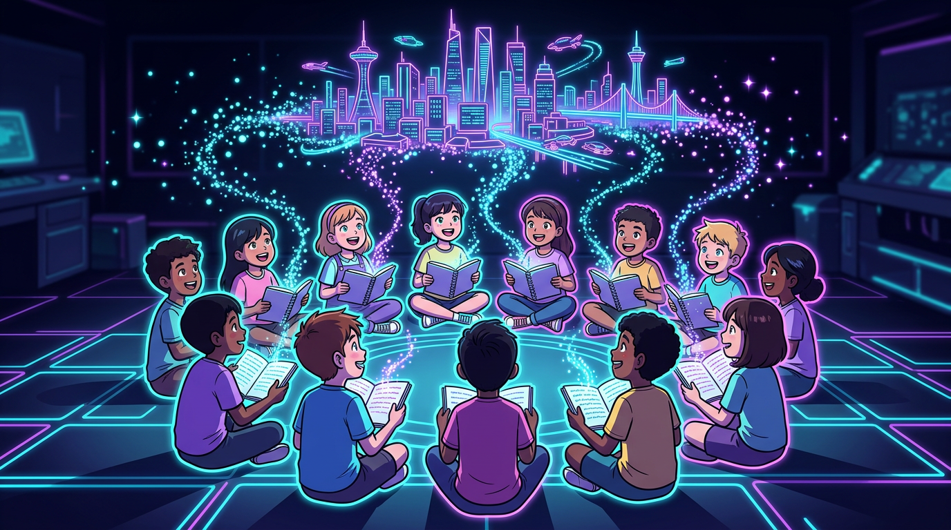 A diverse group of elementary-age students seated in a circle on a glowing classroom floor, each holding a notebook, representing the collaborative and engaged writing community that freewriting helps build