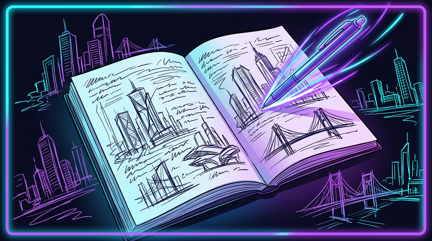 An open notebook filled with energetic handwritten lines and sketched city towers, representing the freewriting process where students generate ideas from an imaginative world they have built