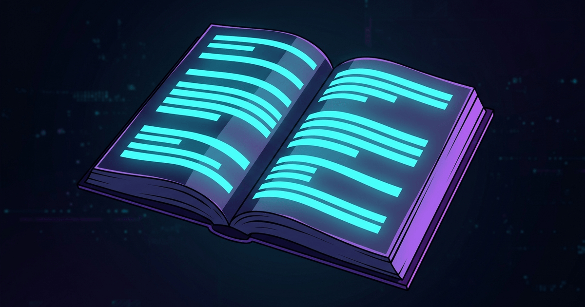An open book with glowing cyan bands grouped across its pages against a dark violet background.