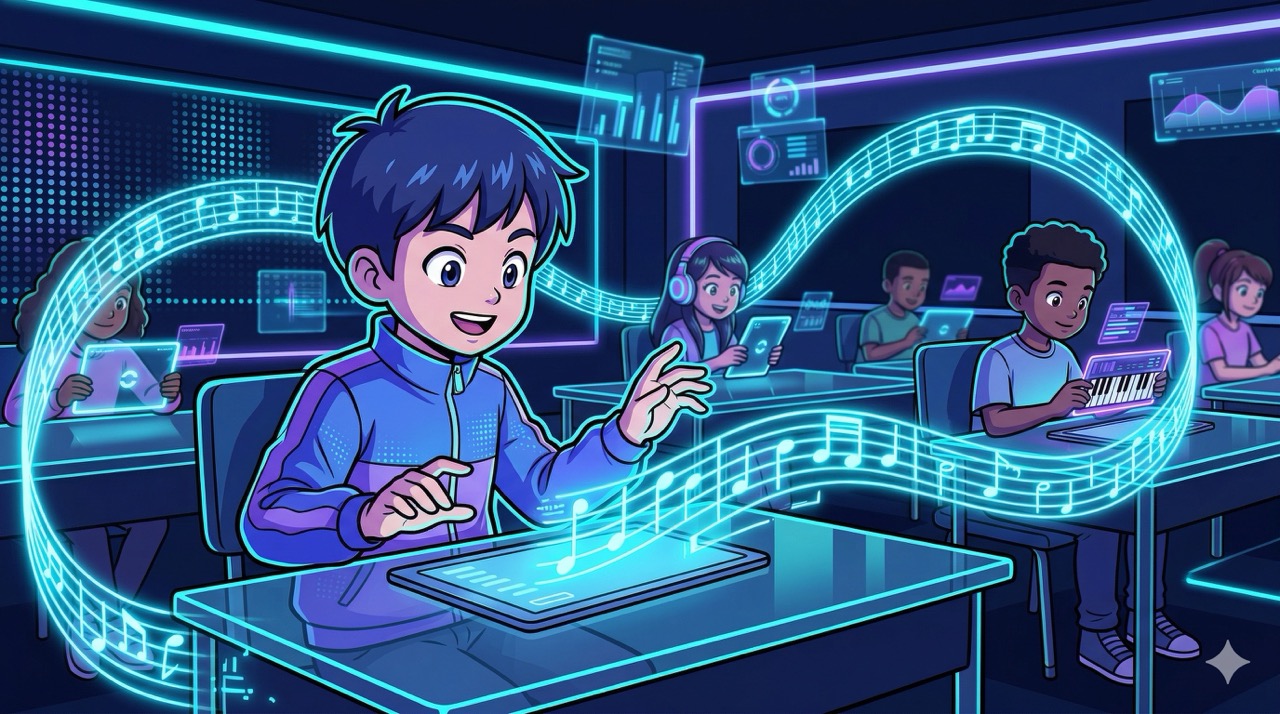 A child in a music classroom with glowing sheet music streaming to classmates' devices