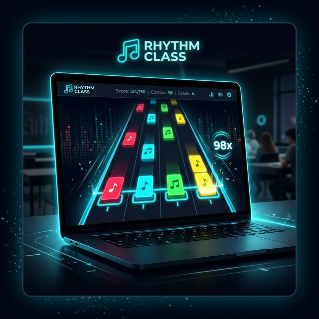 Classroom Rhythm — colorful falling music note blocks on a sleek device display